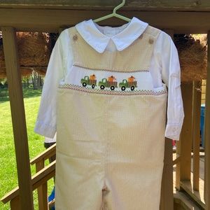 Hand smocked pumpkin truck longall - brown mini-gingham